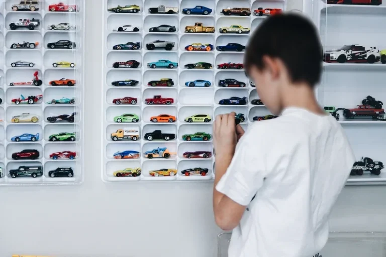 Collection de voitures miniatures dans un rangement mural